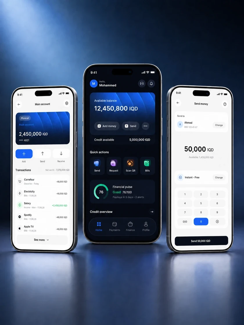 Virtual Banking API — wallet screens driven by the API: an account balance in Iraqi dinars, quick actions and a transfer flow.