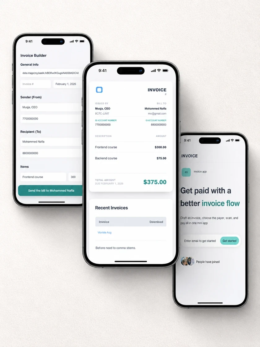 Invoice Mini App — composing an invoice, the generated invoice, and the mini-app’s opening screen.