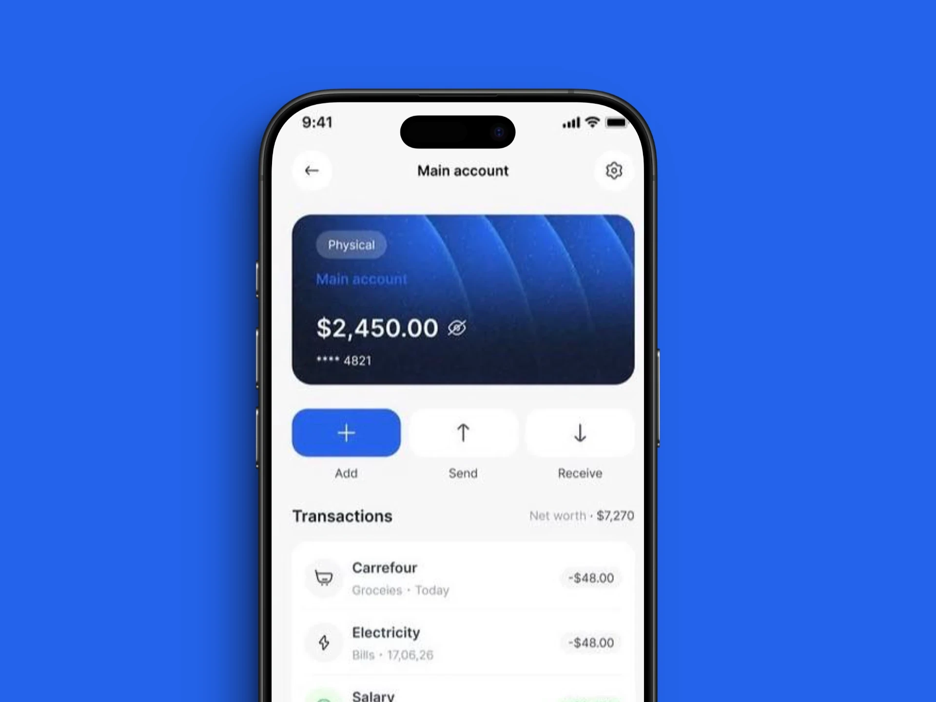 A wallet account screen on a phone: card balance, add, send and receive actions, and a list of recent transactions.